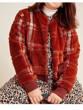 Anthropologie Rust Plaid Faux-Fur Bomber Jacket